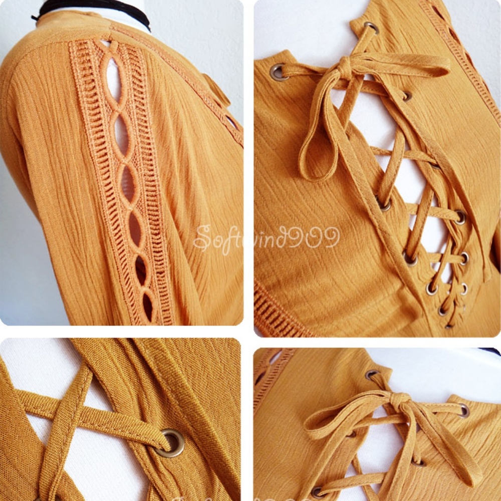 Last☝️Forever 21 Mustard Lace Up Cute Skater Dress - Picture 4 of 8